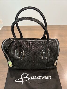 b. makowsky Black Snake-Embossed Leather Satchel